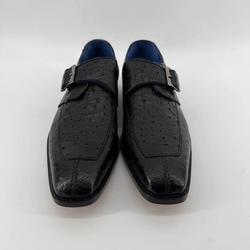 Belvedere Dress Shoes Men's 8.5 Black Genuine Ostrich Strap Square Toe Exotic